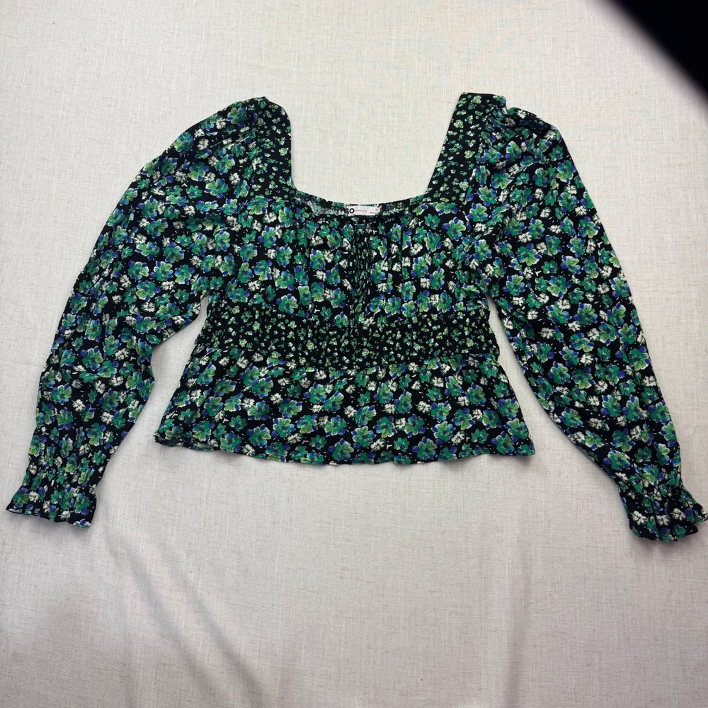 SO Clothing Floral Smocked Peasant Blouse Women 1X Black Green Boho Romantic Top